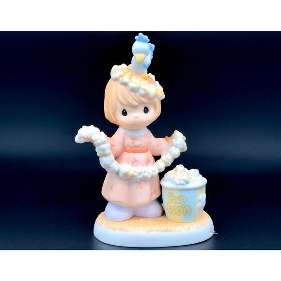 Precious Moments Girl with Popcorn Bucket and Garland Porcelain Figurine - Picture 1 of 2
